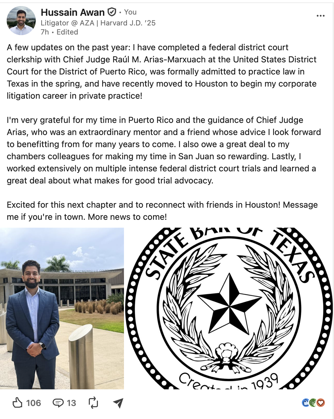 Screenshot of Hussain Awan’s LinkedIn post about his federal court clerkship, admission to the Texas bar, and move to Houston.